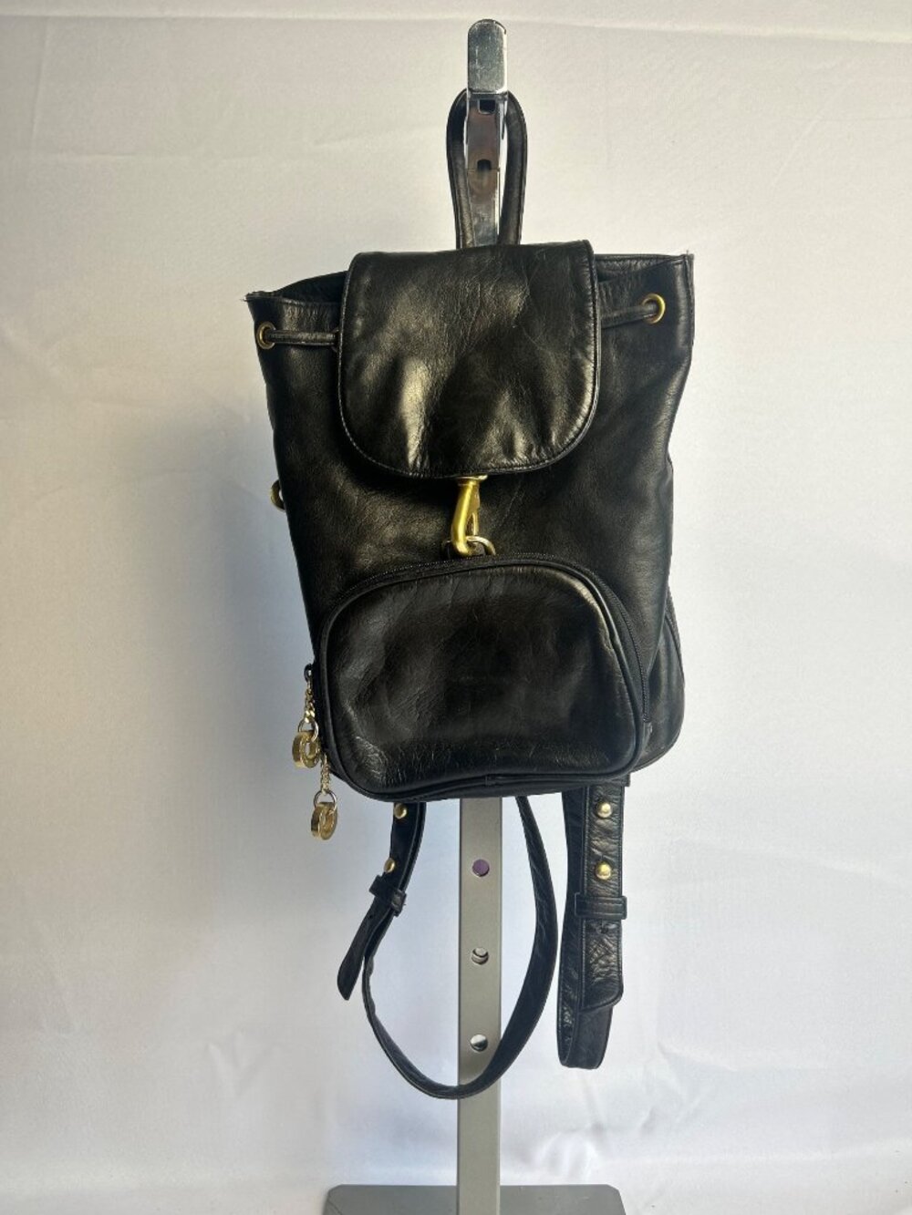 Vintage Perlina Mini Backpack Black Leather Purse Drawstring Gold Hardware